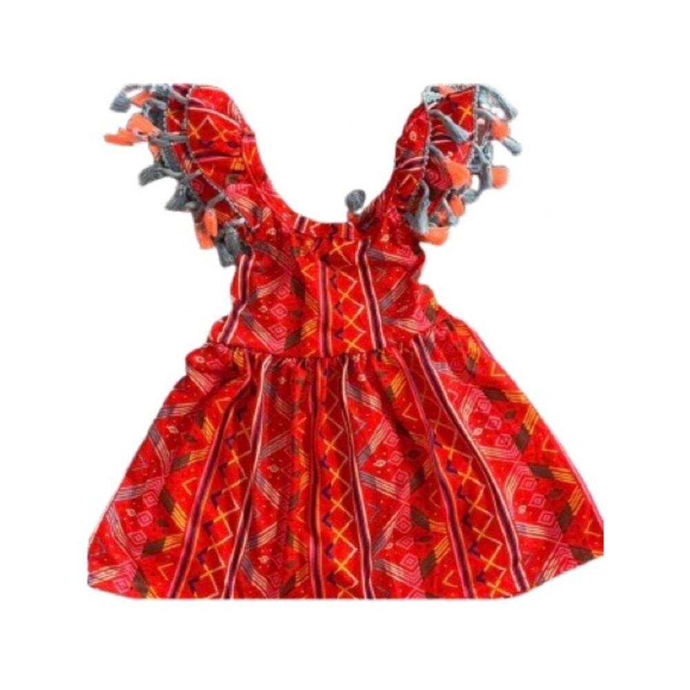Vibrant Boho  Flutter Sleeve Dress -Tribal Print Tassels 6-12 Months